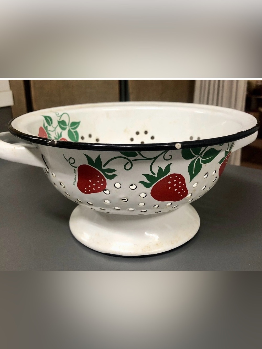 Vintage Teleflora White Enamel Strawberry Colander with Red & Green Motif